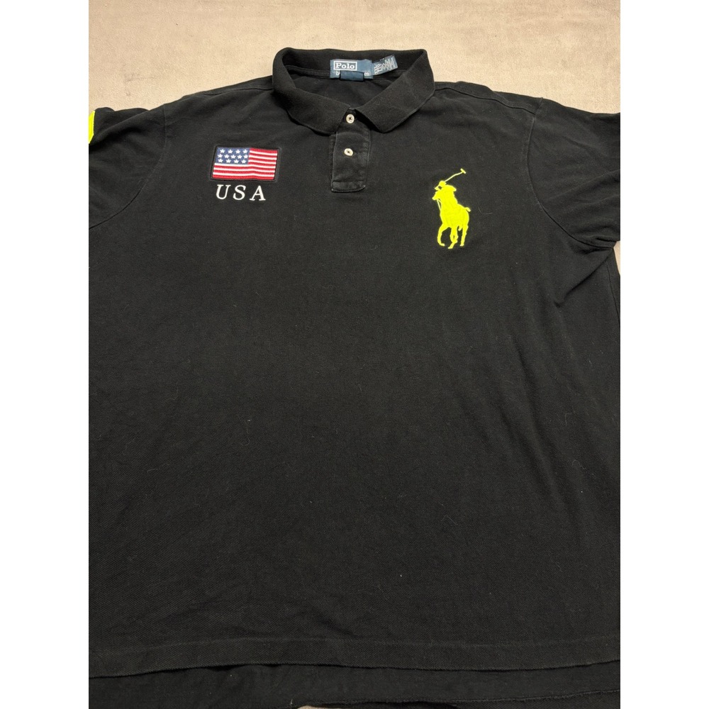 Polo Ralph Lauren Big Pony USA Flag Polo Shirt Black Neon Yellow XXL